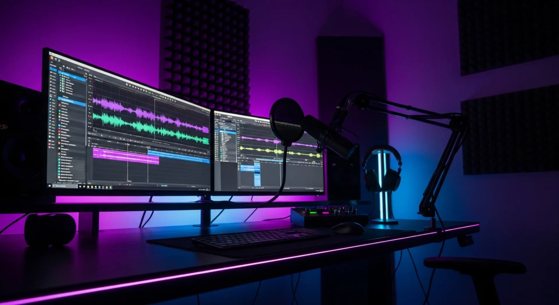 Professional podcast recording studio with modern equipment and ambient lighting